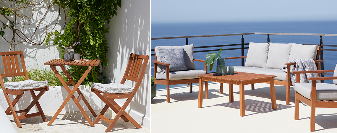 Drevené záhradné stoly a stoličky na balkón a terasu