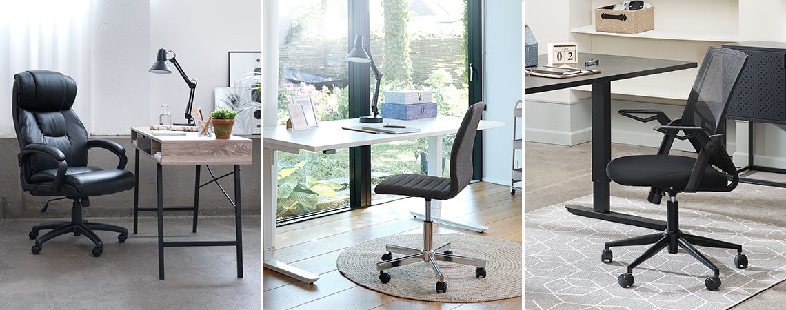 Tri rozdielne typy kancelárskych kresiel a písacích stolov