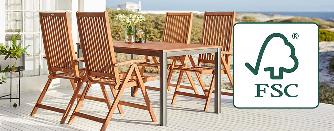 záhradný stôl, lavička a stoličky z dreva s certifikátom FSC