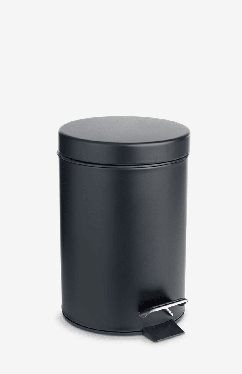Round matte black pedal bin with a foot lever, shown against a plain white background.