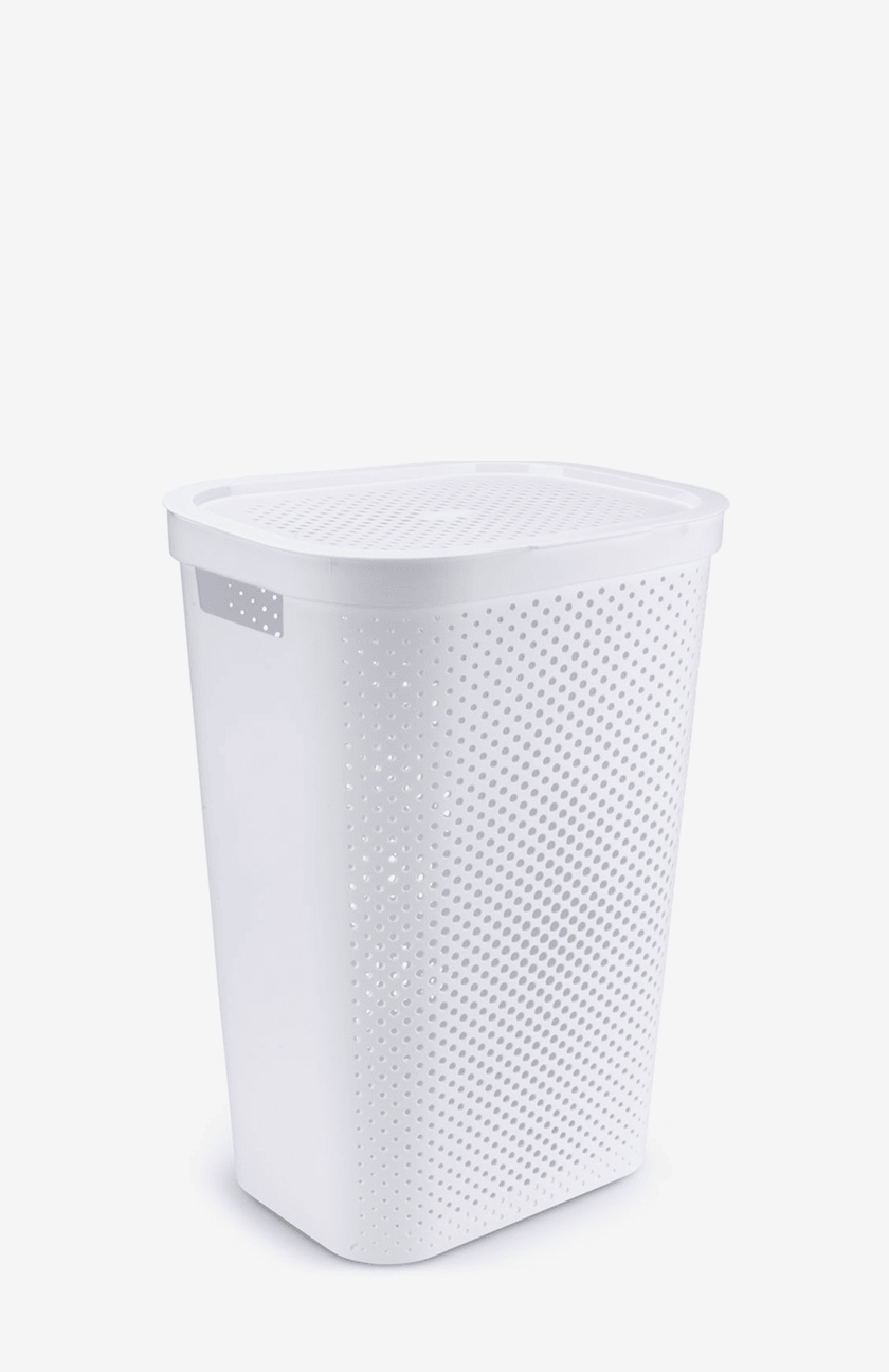 White perforated plastic laundry hamper with a lid and cutout handle, shown against a plain white background.