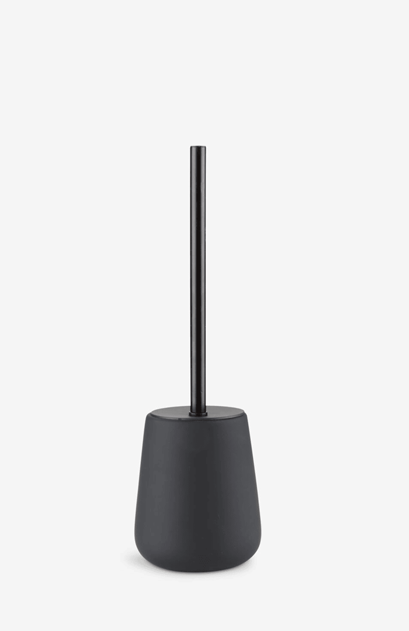 Tall matte black toilet brush with a round ceramic holder, shown against a plain white background.