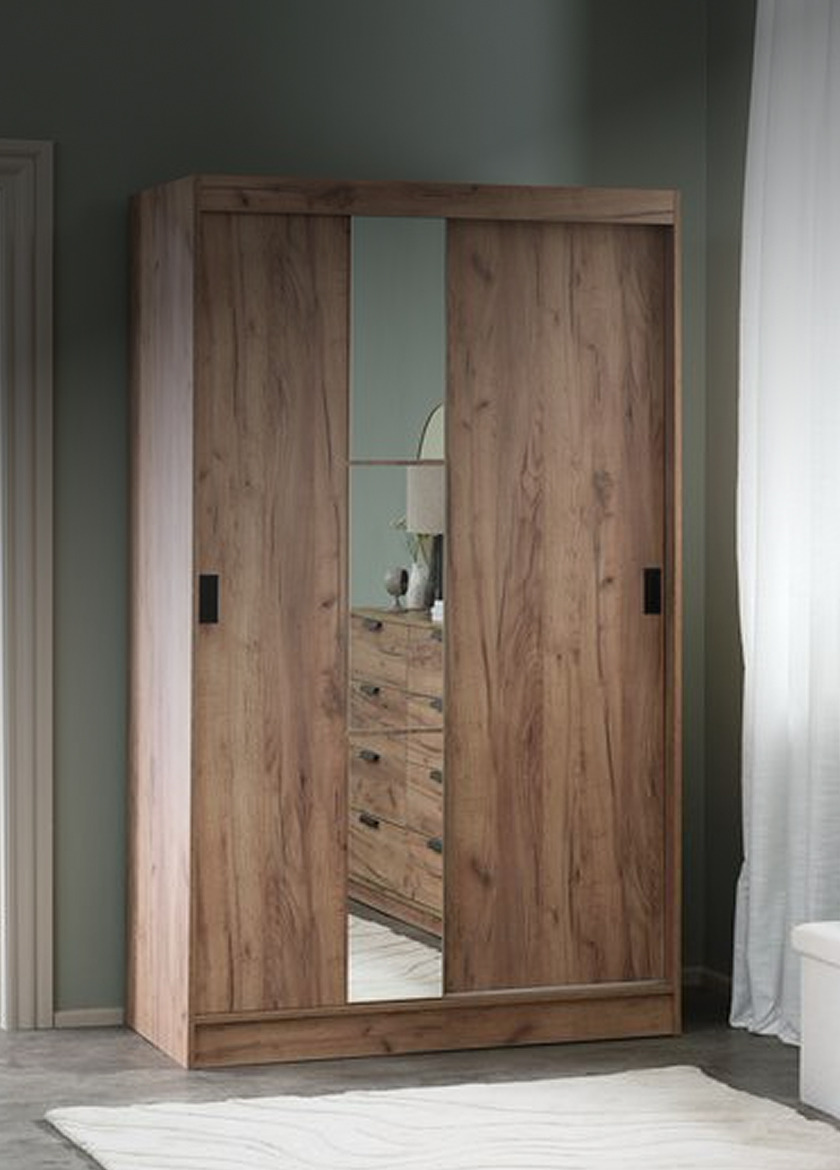 Wardrobes Wood-finish sliding-door wardrobe with a full-length mirrored center panel, in a bedroom with a chest of drawers reflected inside.