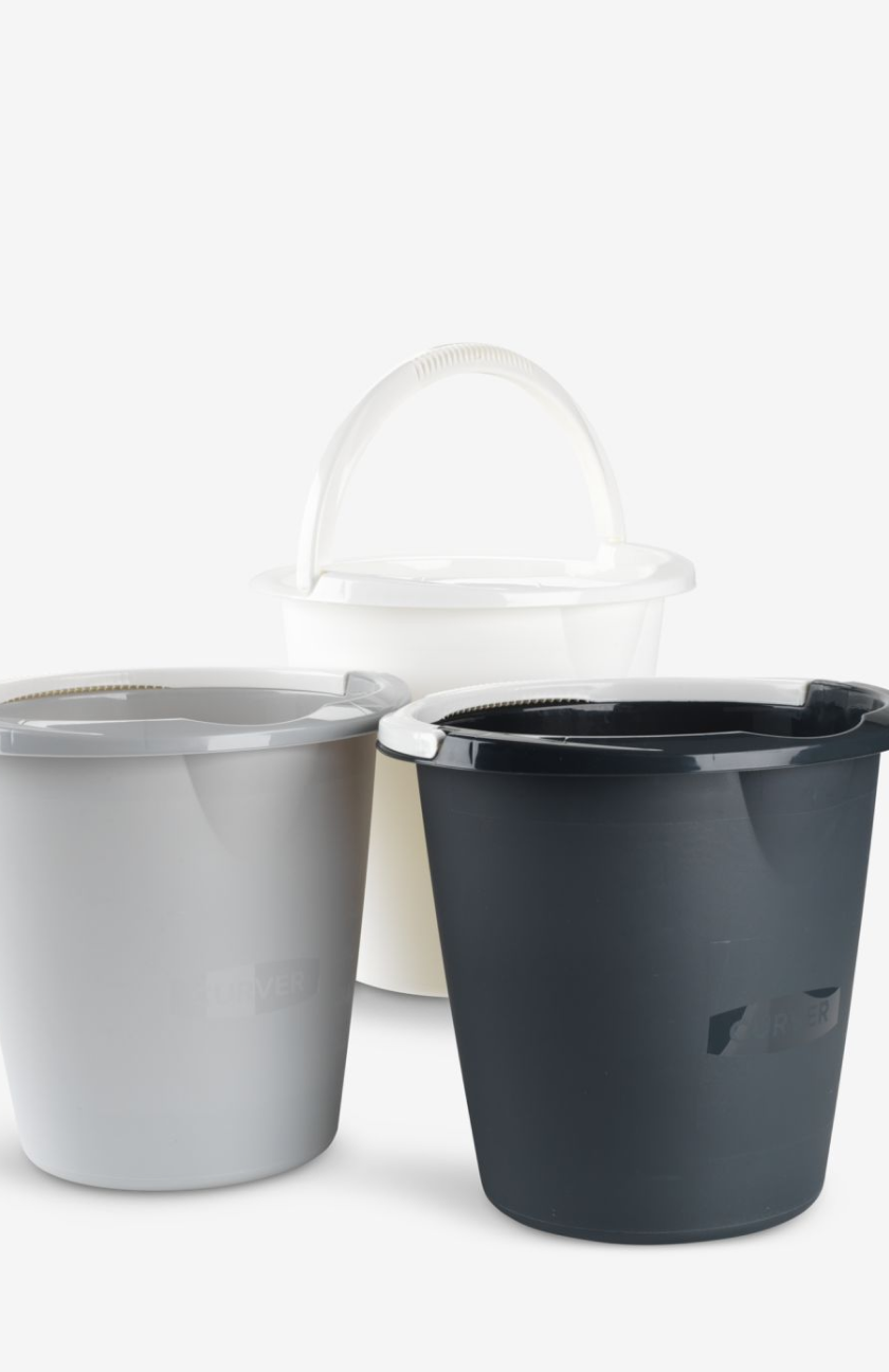 Three stacked lidded buckets in white, grey, and black, shown against a plain white background.