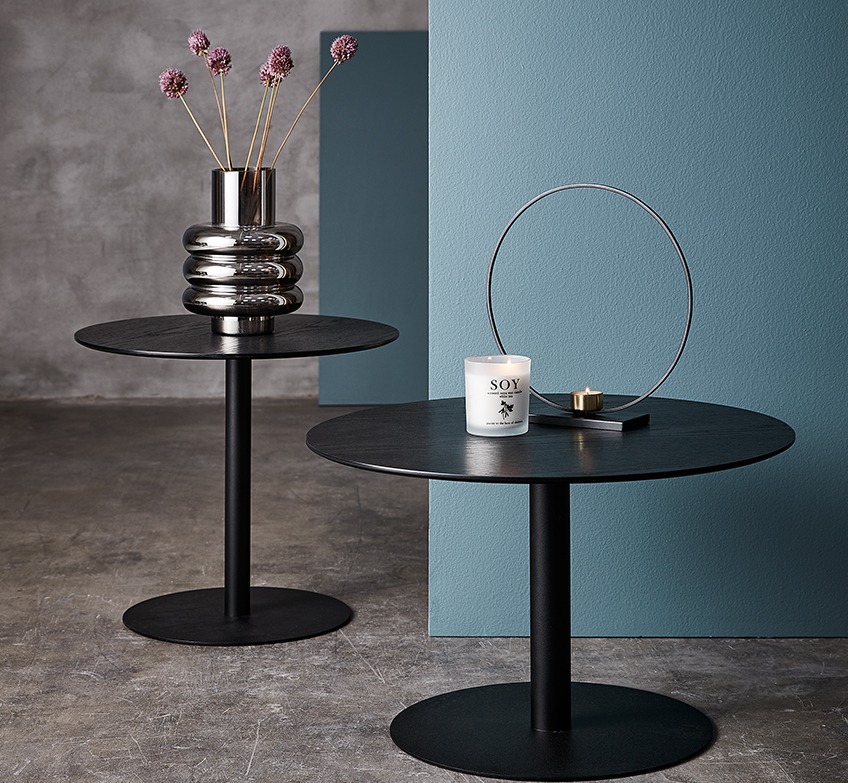 UPTOWN end tables in black with MAGNUS vase, scented candle SOY and tealight holder ESGIR Two end tables in black with vase, scented candle and tealight holder