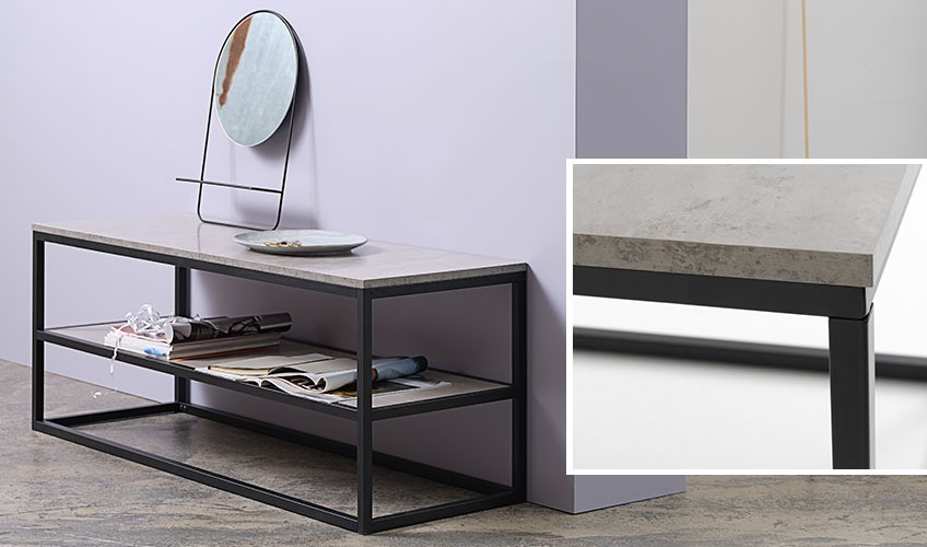 DOKKEDAL TV bench with FACE ME mirror TV bench with a mirror, a plate and magazines on the shelf room