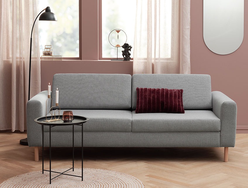 SVALBARD 3 seater sofa and RANDERUP end table Living room with a grey fabric sofa with room for 3 people in a modern living room