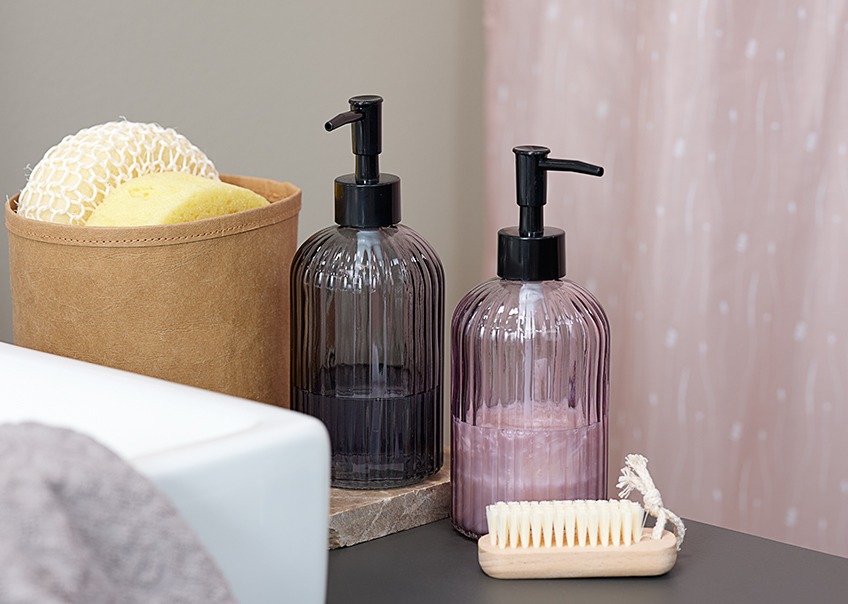 ROSENLUND soap dispensers in glass next VALJE nail brush Glass soap dispensers in different colours, sponges and a nail brush
