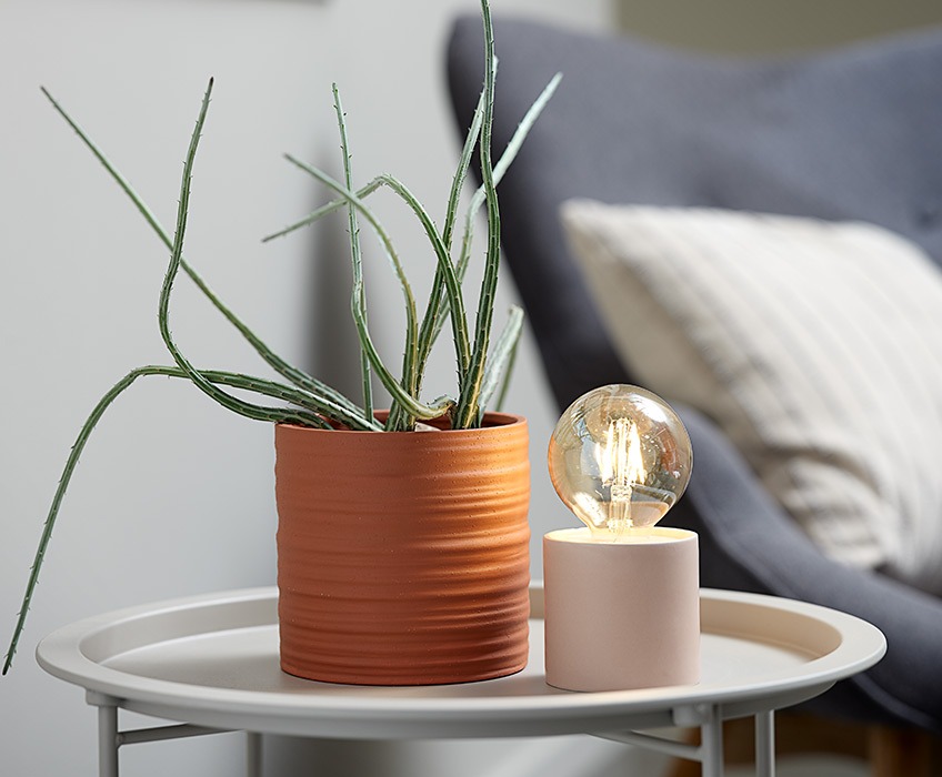 Plant pot and battery lamp on small end table