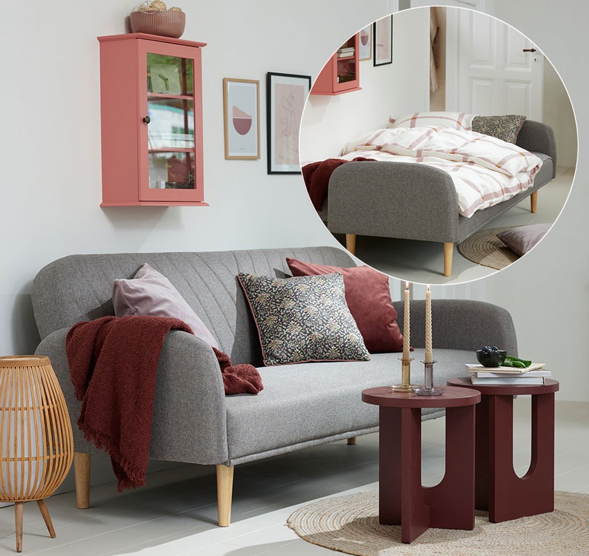 Rose wall cabinet, grey sofabed and burgundy end tables 