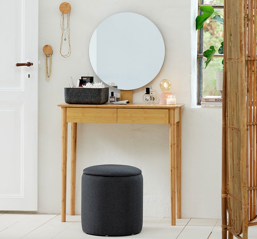 Bamboo dressing table with mirror and pouffe with storage 