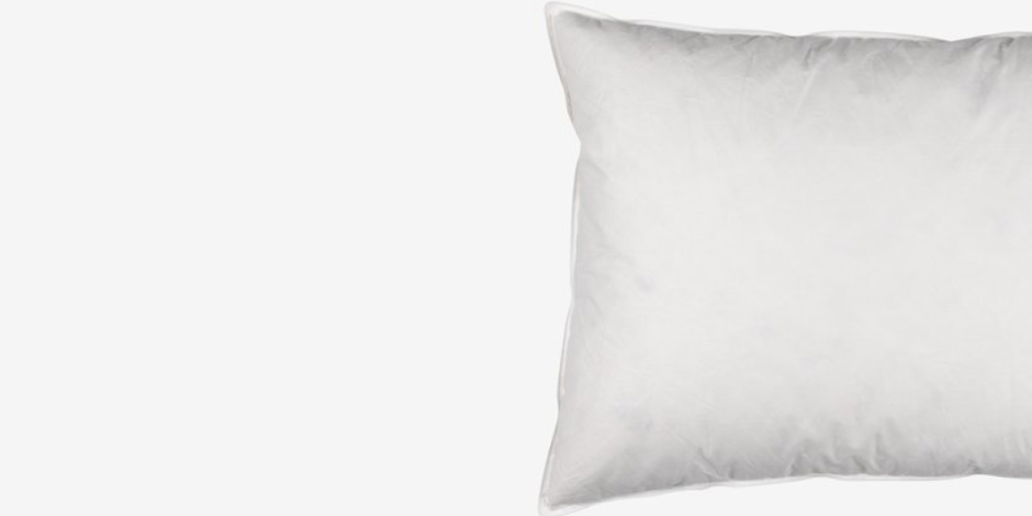 White rectangular pillow with a quilted feather-filled look, shown against a plain light grey background.