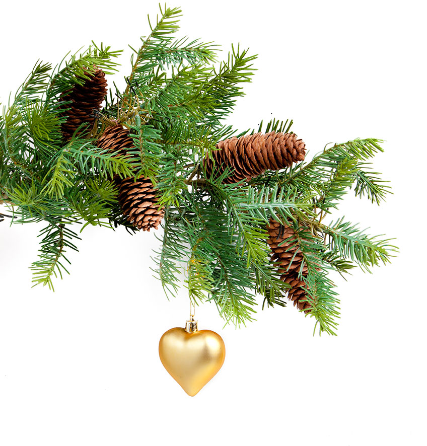 Spruce branch with heart shaped Christmas ornament